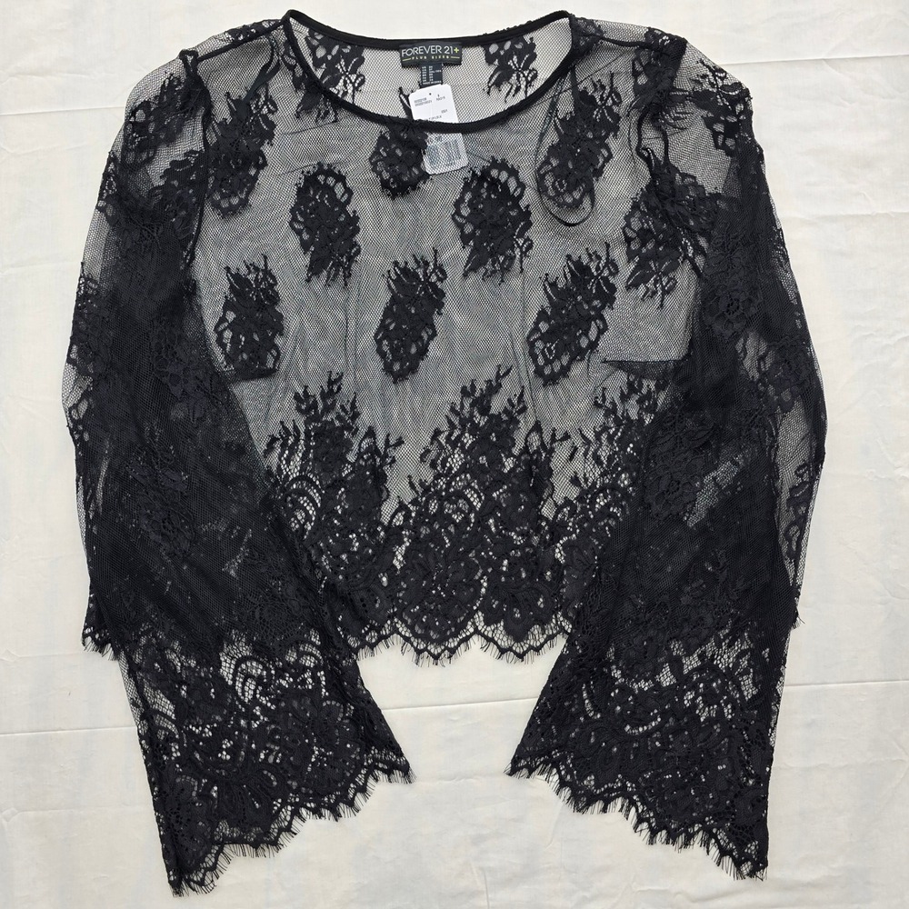 Forever 21+ Plus 3X Black Lace Sheer Crop Top Bell Sleeve Gothic NWT